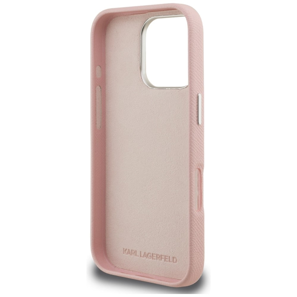 Karl Lagerfeld FW iPhone 16 Pro-etui med struktureret signaturlogo – lyserød