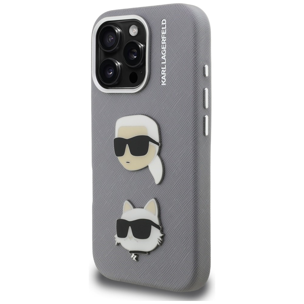 Karl Lagerfeld FW Grained Karl & Choupette-nålæske til iPhone 16 Pro – grå
