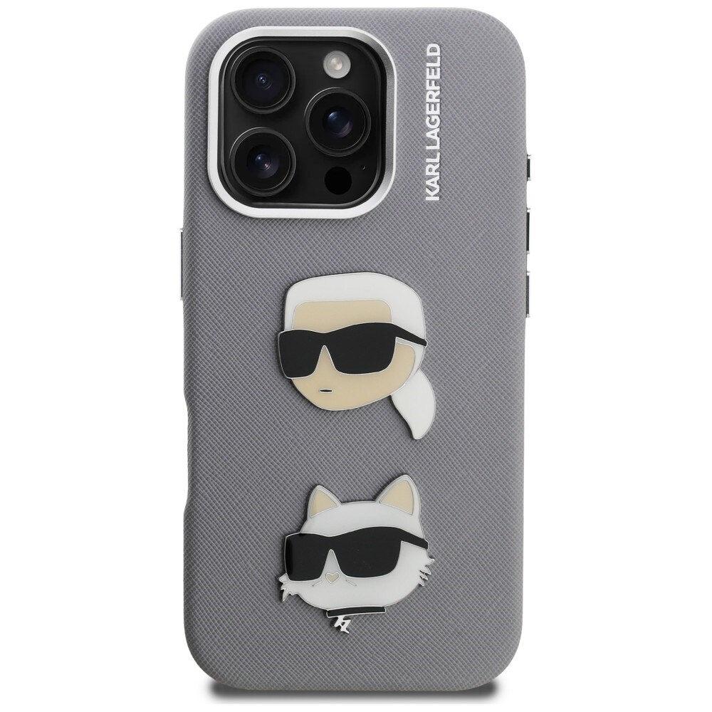 Karl Lagerfeld FW Grained Karl & Choupette-nålæske til iPhone 16 Pro – grå