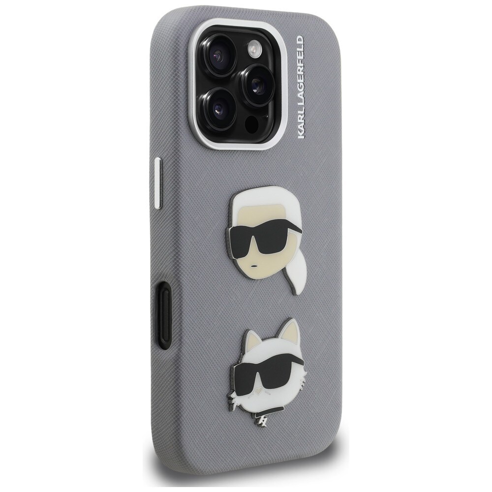 Karl Lagerfeld FW Grained Karl & Choupette-nålæske til iPhone 16 Pro – grå
