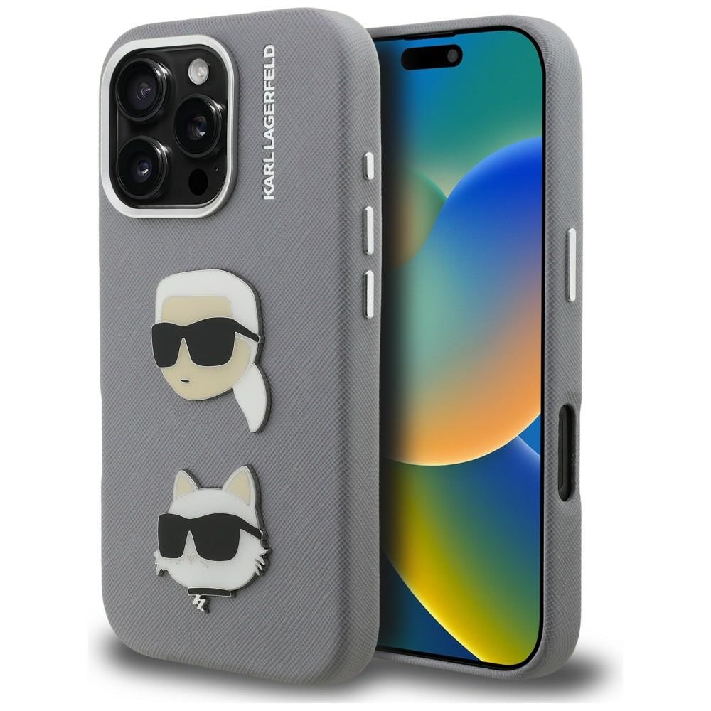 Karl Lagerfeld FW Grained Karl & Choupette – etui med nålar för iPhone 16 Pro Max – grått