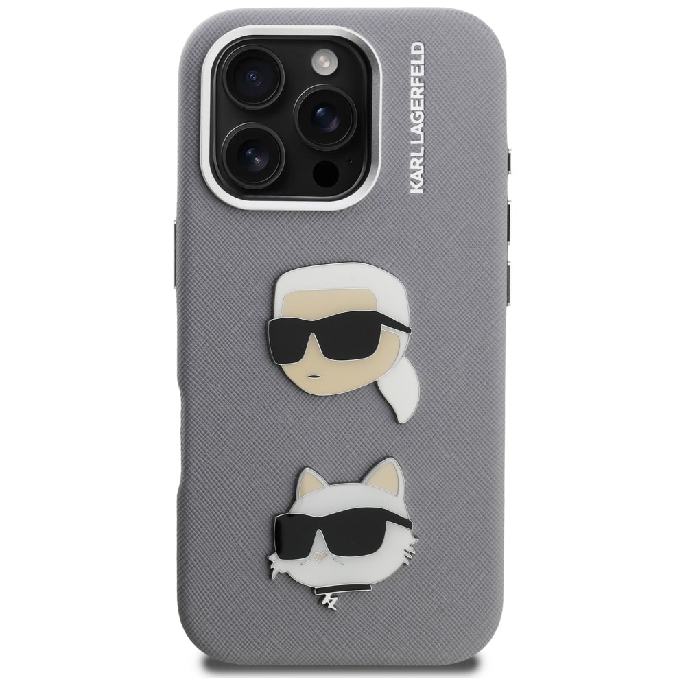 Karl Lagerfeld FW Grained Karl & Choupette-nålæske til iPhone 16 Pro Max – grå