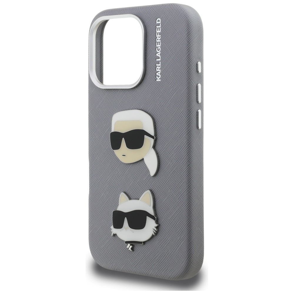 Karl Lagerfeld FW Grained Karl & Choupette-nålæske til iPhone 16 Pro Max – grå