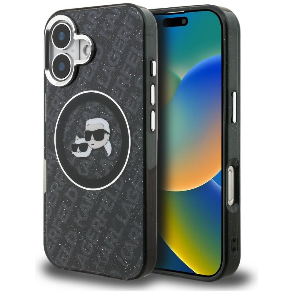 Karl Lagerfeld IML-glitterfodral Karl & Choupette-logotyp MagSafe för iPhone 16 – Svart