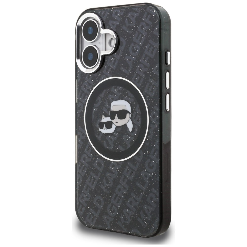 Karl Lagerfeld IML-glitter med Karl & Choupette-hoveder – logo-MagSafe-etui til iPhone 16 – sort