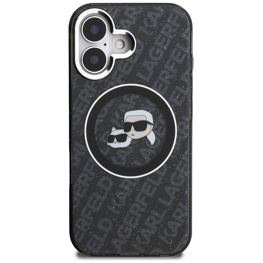 Karl Lagerfeld IML-glitter med Karl & Choupette-hoveder – logo-MagSafe-etui til iPhone 16 – sort