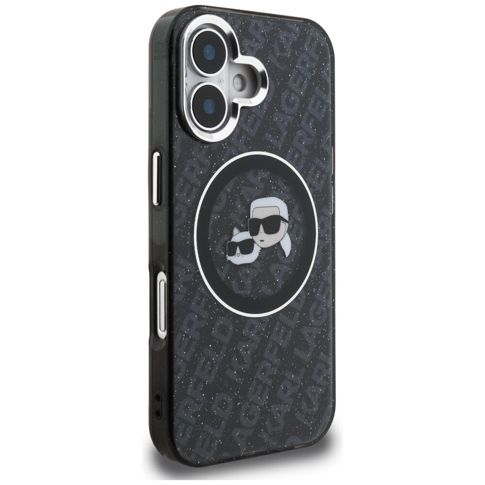 Karl Lagerfeld IML-glitter med Karl & Choupette-hoveder – logo-MagSafe-etui til iPhone 16 – sort