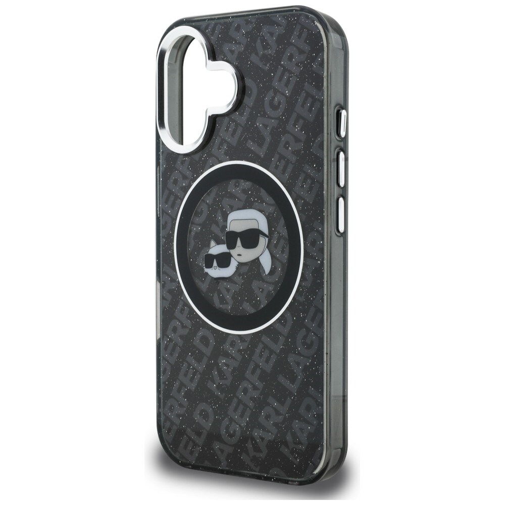 Karl Lagerfeld IML-glitter med Karl & Choupette-hoveder – logo-MagSafe-etui til iPhone 16 – sort