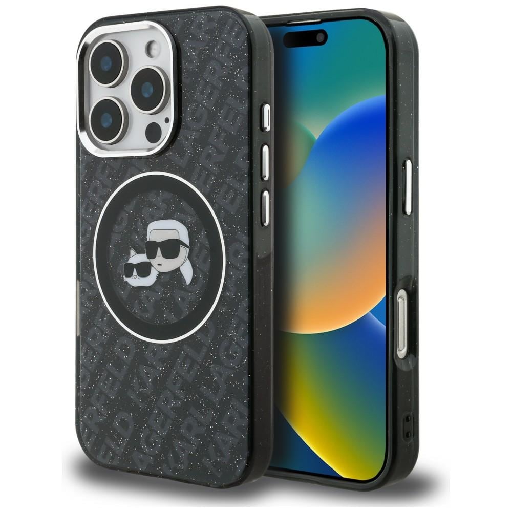Karl Lagerfeld IML-glitterfodral Karl & Choupette-logotyp + MagSafe för iPhone 16 Pro – Svart