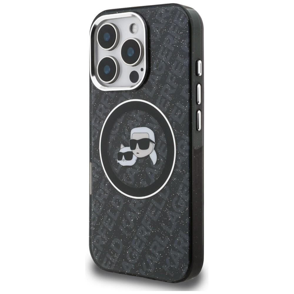 Karl Lagerfeld IML-glitter-etui m. Karl & Choupette-logo og MagSafe til iPhone 16 Pro – sort