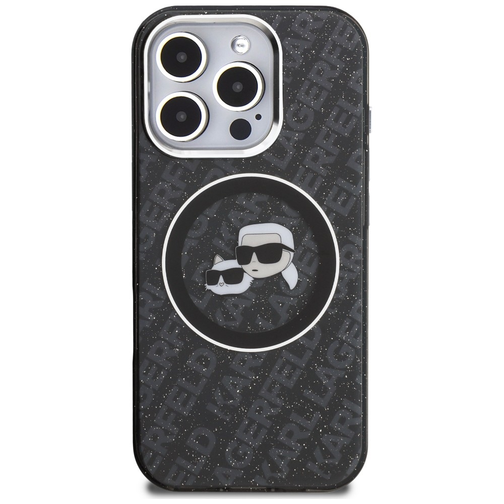 Karl Lagerfeld IML-glitter-etui m. Karl & Choupette-logo og MagSafe til iPhone 16 Pro – sort