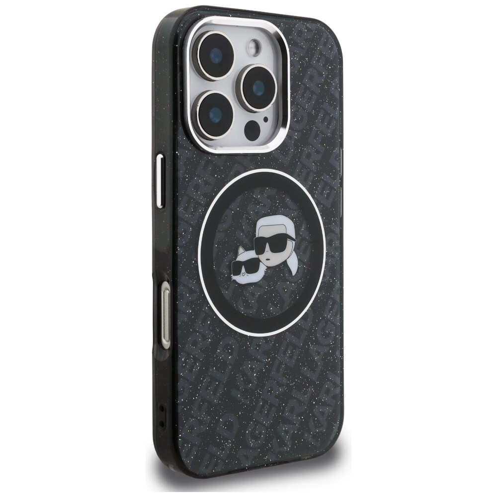 Karl Lagerfeld IML-glitter-etui m. Karl & Choupette-logo og MagSafe til iPhone 16 Pro – sort