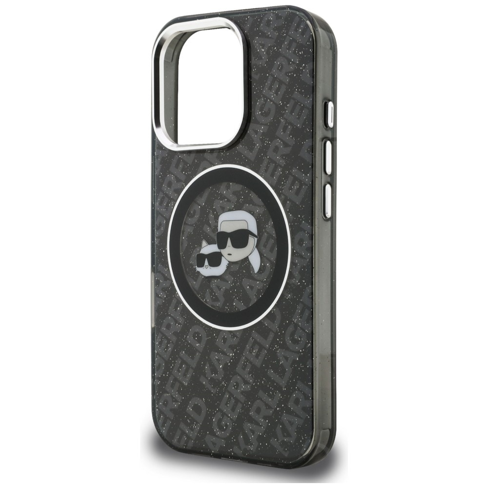 Karl Lagerfeld IML-glitter-etui m. Karl & Choupette-logo og MagSafe til iPhone 16 Pro – sort