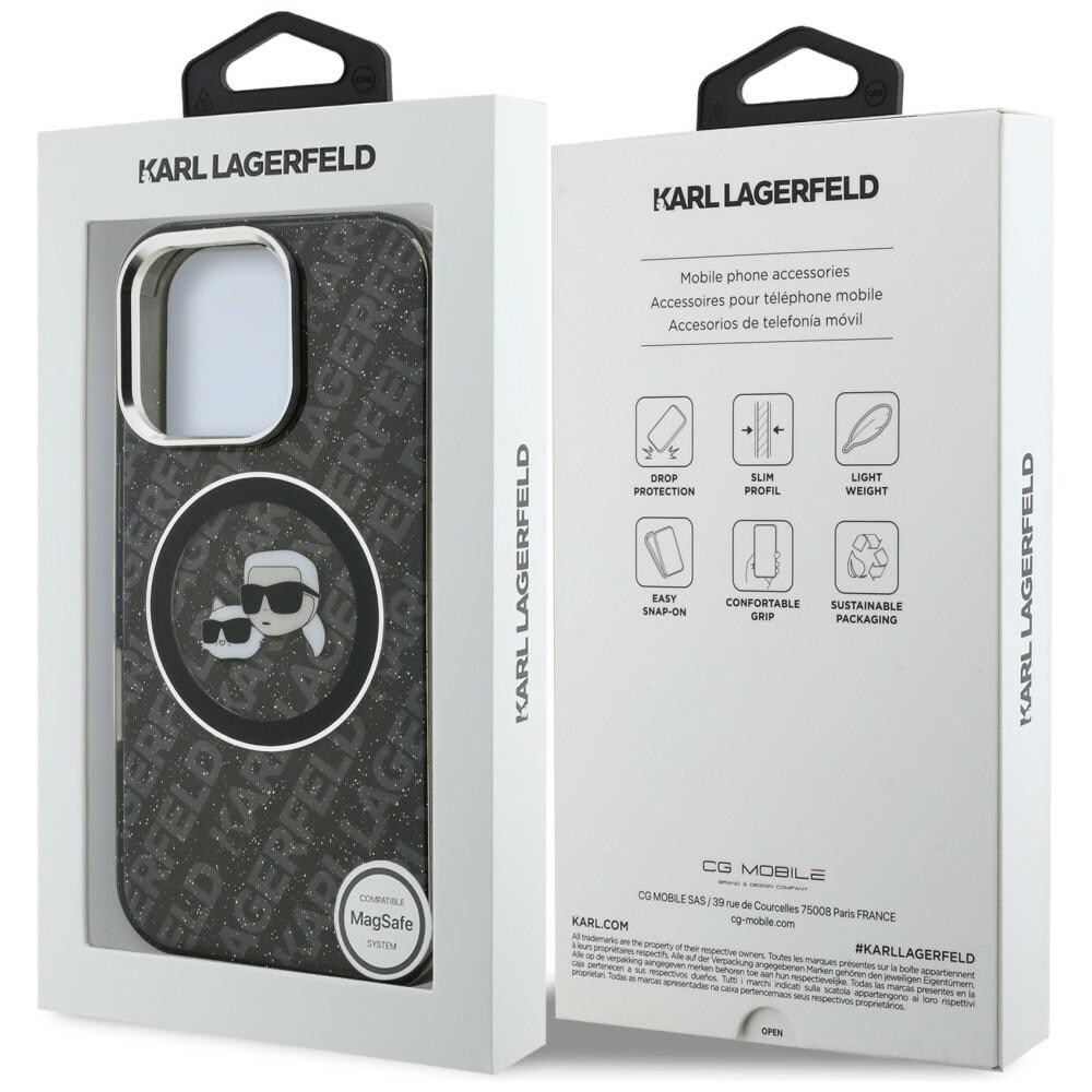 Karl Lagerfeld IML-glitter-etui m. Karl & Choupette-logo og MagSafe til iPhone 16 Pro – sort