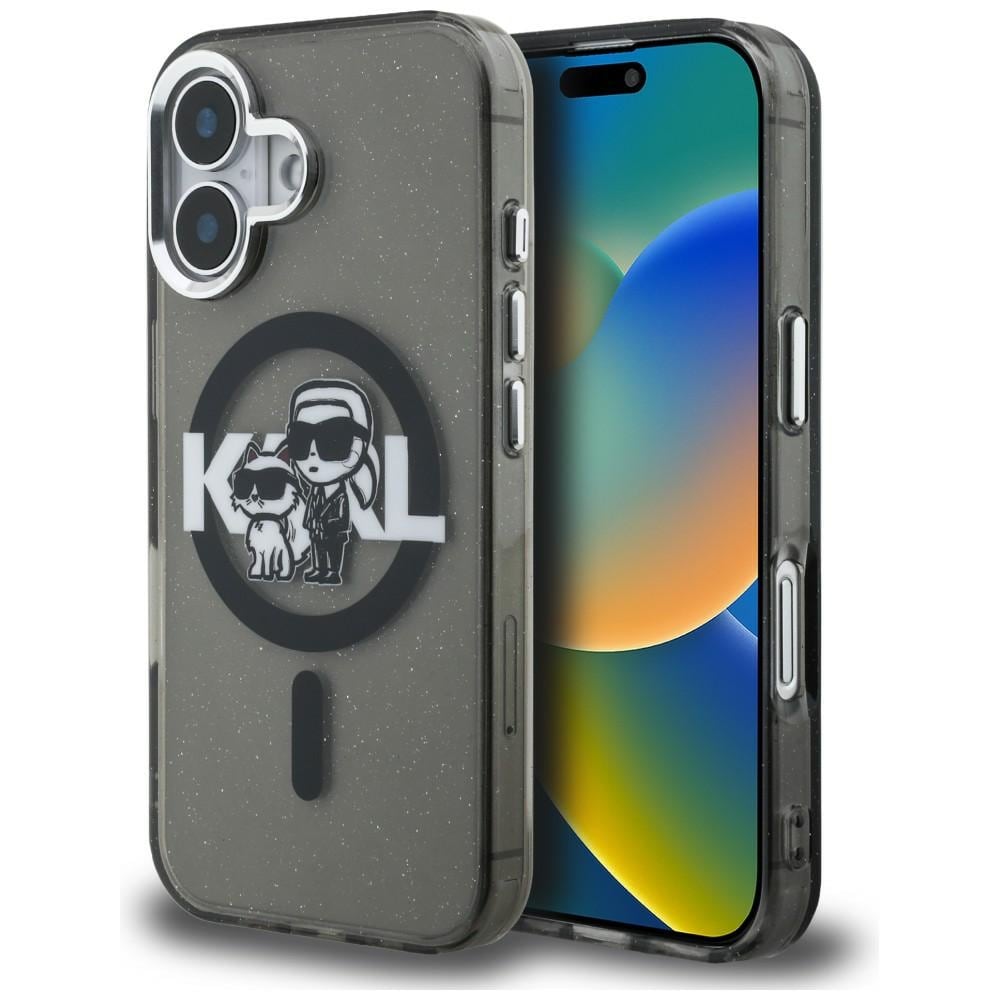 Karl Lagerfeld IML Glitter Karl & Choupette Sketch Logo MagSafe-fodral för iPhone 16 – Svart