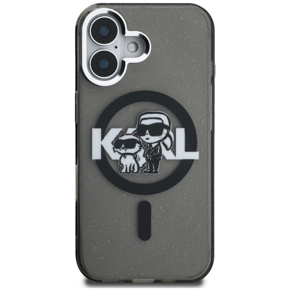 Karl Lagerfeld IML Glitter Karl & Choupette Sketch Logo MagSafe-etui til iPhone 16 – Sort