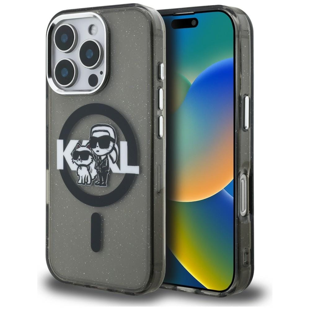 Karl Lagerfeld IML Glitter Karl & Choupette Sketch Logo MagSafe-fodral för iPhone 16 Pro – Svart