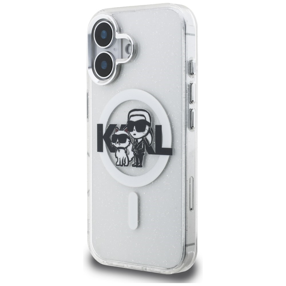 Karl Lagerfeld IML Glitter Karl & Choupette Sketch Logo MagSafe-etui til iPhone 16 – gennemsigtig
