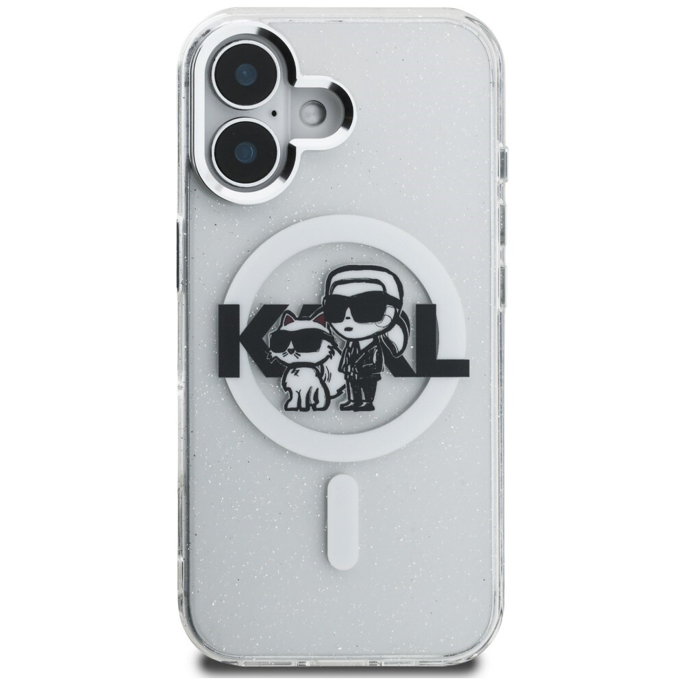 Karl Lagerfeld IML Glitter Karl & Choupette Sketch Logo MagSafe-etui til iPhone 16 – gennemsigtig