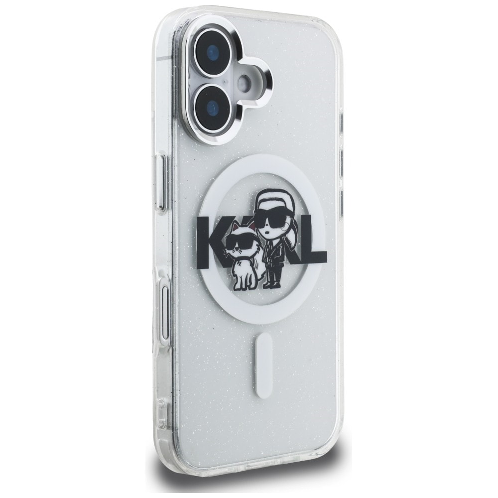 Karl Lagerfeld IML Glitter Karl & Choupette Sketch Logo MagSafe-etui til iPhone 16 – gennemsigtig