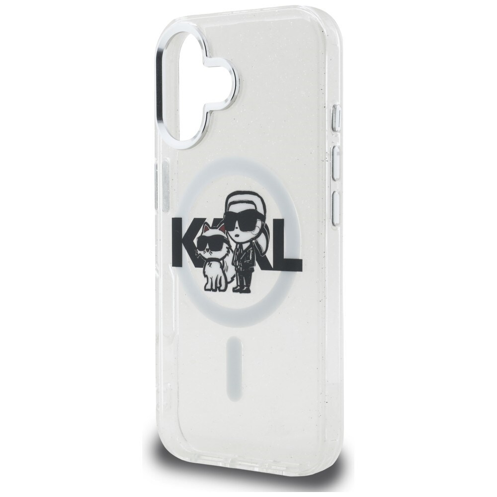 Karl Lagerfeld IML Glitter Karl & Choupette Sketch Logo MagSafe-etui til iPhone 16 – gennemsigtig