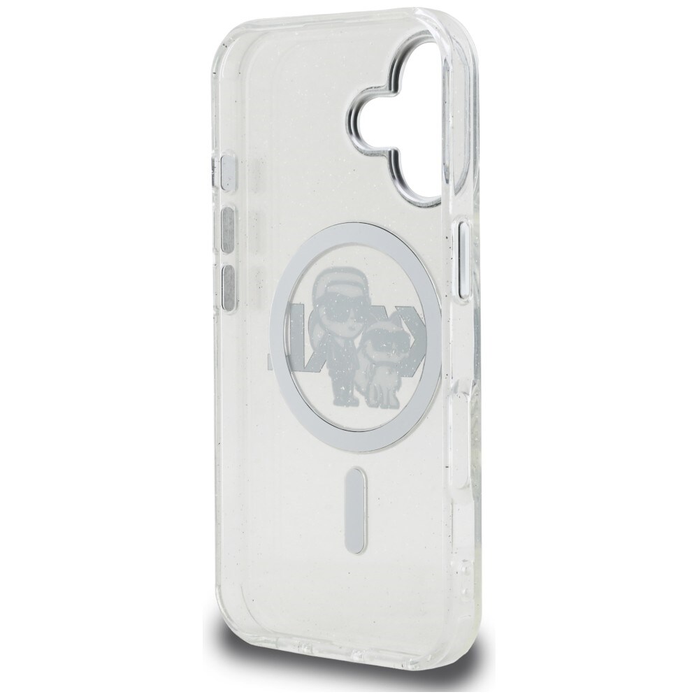 Karl Lagerfeld IML Glitter Karl & Choupette Sketch Logo MagSafe-etui til iPhone 16 – gennemsigtig