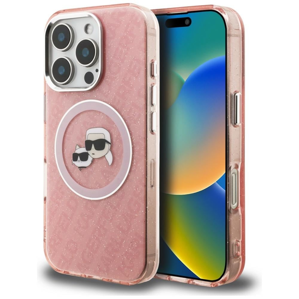 Karl Lagerfeld IML-fodral med glitter & Karl/Choupette-logga, MagSafe för iPhone 16 Pro – rosa