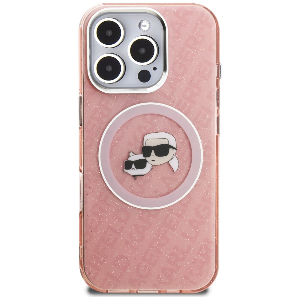 Karl Lagerfeld IML-fodral med glitter & Karl/Choupette-logga, MagSafe för iPhone 16 Pro Max – rosa