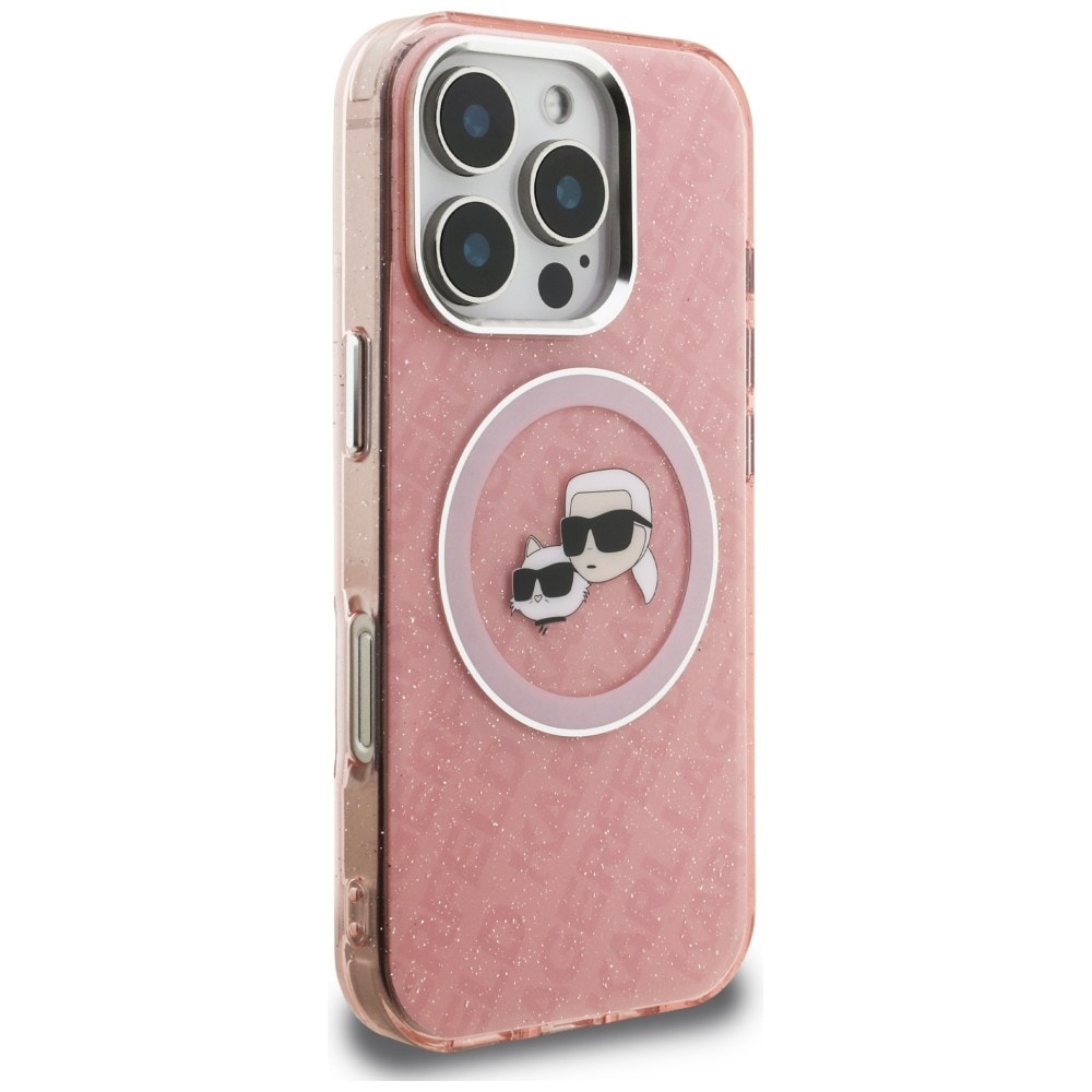 Karl Lagerfeld IML-fodral med glitter & Karl/Choupette-logga, MagSafe för iPhone 16 Pro Max – rosa