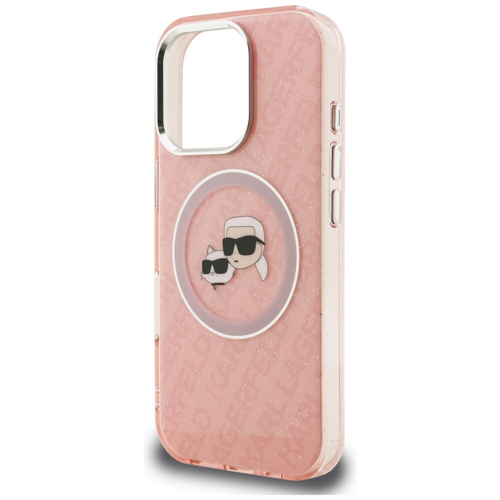Karl Lagerfeld IML-fodral med glitter & Karl/Choupette-logga, MagSafe för iPhone 16 Pro Max – rosa