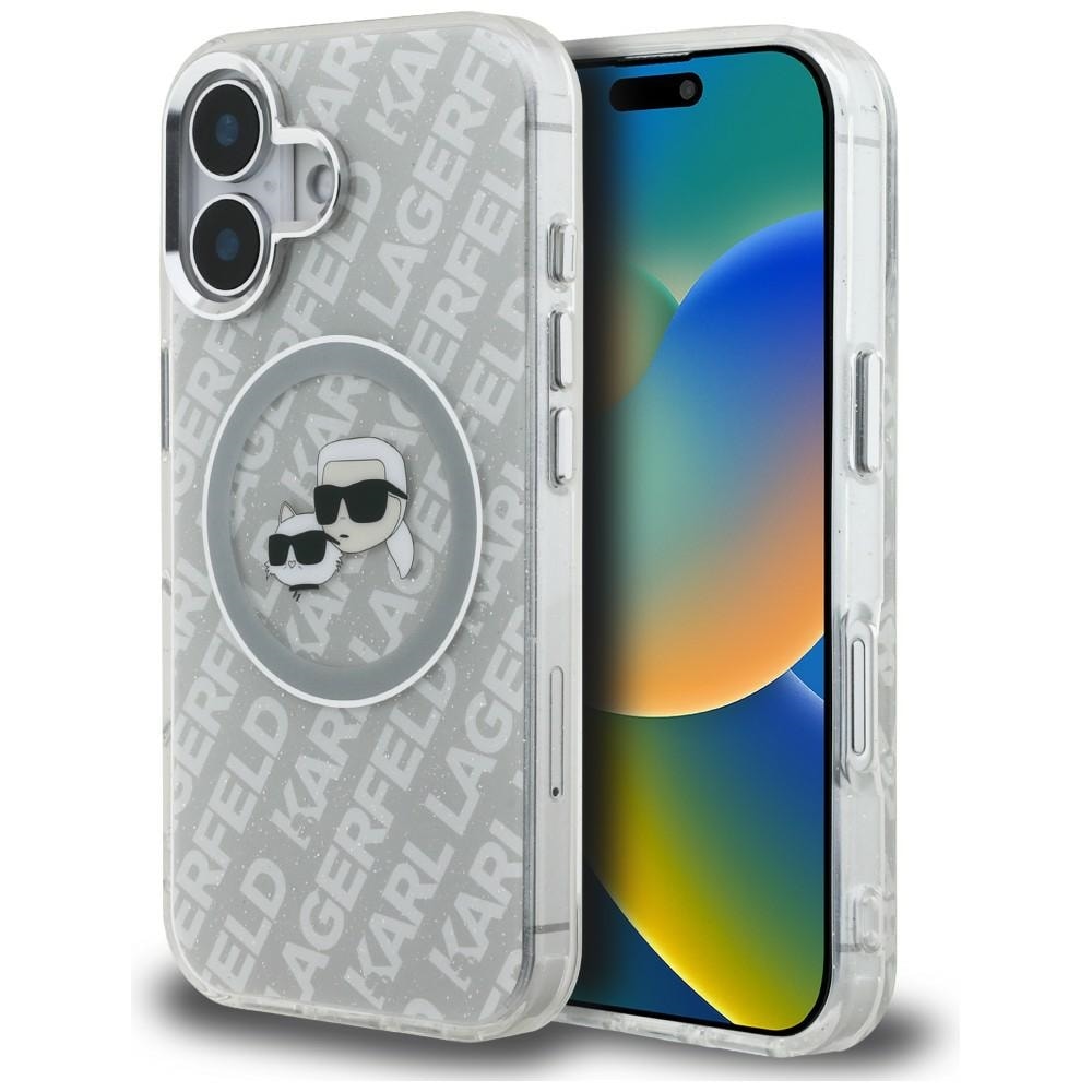 Karl Lagerfeld IML Glitter Karl & Choupette-huvuden Logo MagSafe iPhone 16-skal – grå
