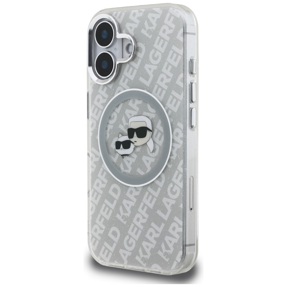 Karl Lagerfeld IML Glitter Karl & Choupette-hoveder Logo MagSafe iPhone 16-etui – grå