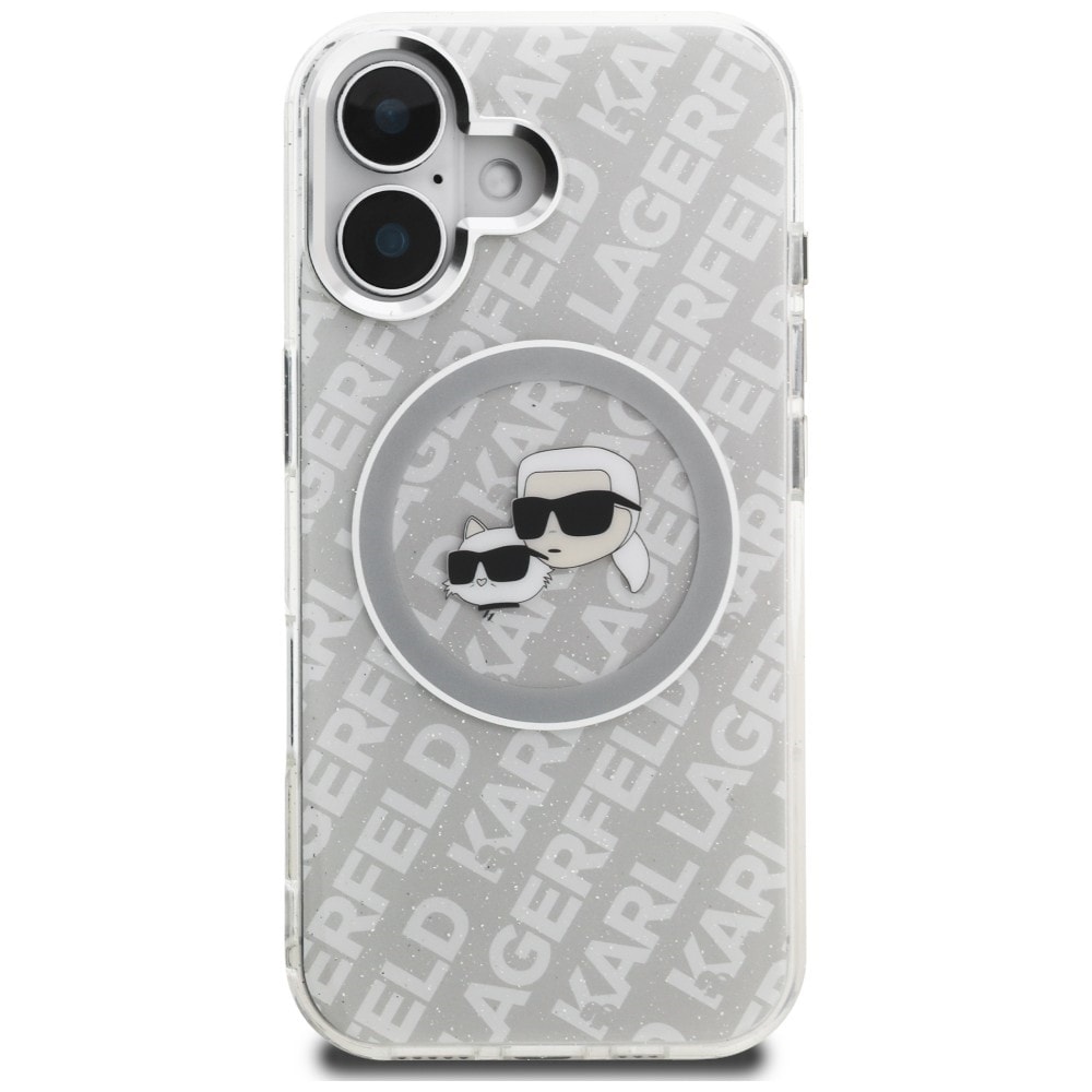 Karl Lagerfeld IML Glitter Karl & Choupette-hoveder Logo MagSafe iPhone 16-etui – grå