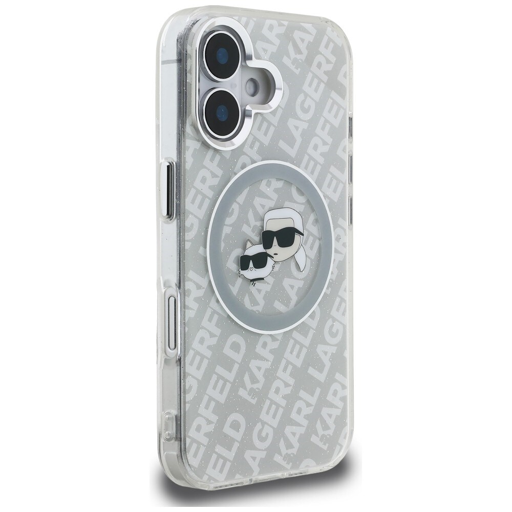 Karl Lagerfeld IML Glitter Karl & Choupette-hoveder Logo MagSafe iPhone 16-etui – grå