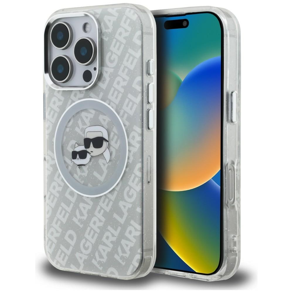 Karl Lagerfeld IML-glitterfodral med Karl & Choupette-logotyp och MagSafe för iPhone 16 Pro – grått