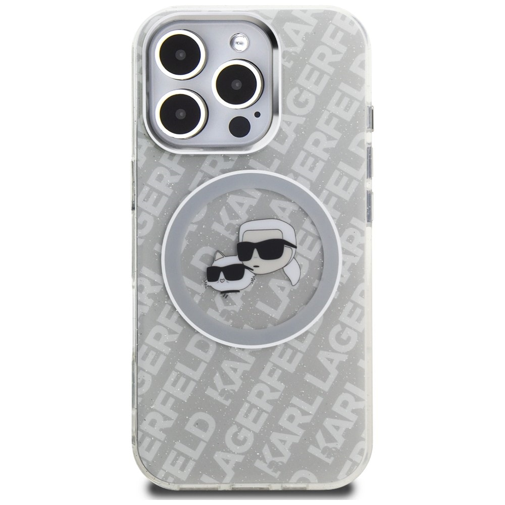 Karl Lagerfeld IML-glitter m. Karl & Choupette-hoveder – logo-MagSafe-etui til iPhone 16 Pro – grå