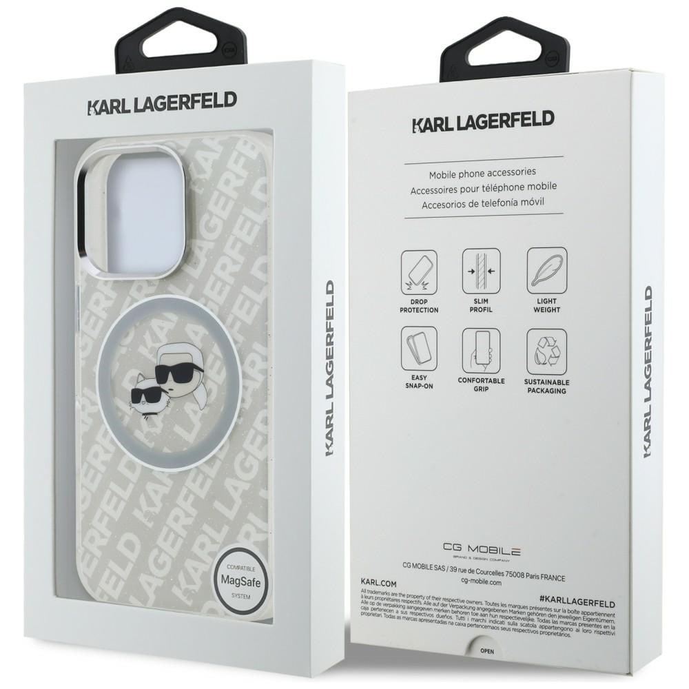 Karl Lagerfeld IML-glitter m. Karl & Choupette-hoveder – logo-MagSafe-etui til iPhone 16 Pro – grå