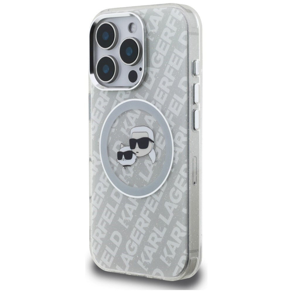 Karl Lagerfeld IML-glitter-etui m. Karl & Choupette-logo og MagSafe til iPhone 16 Pro Max – grå