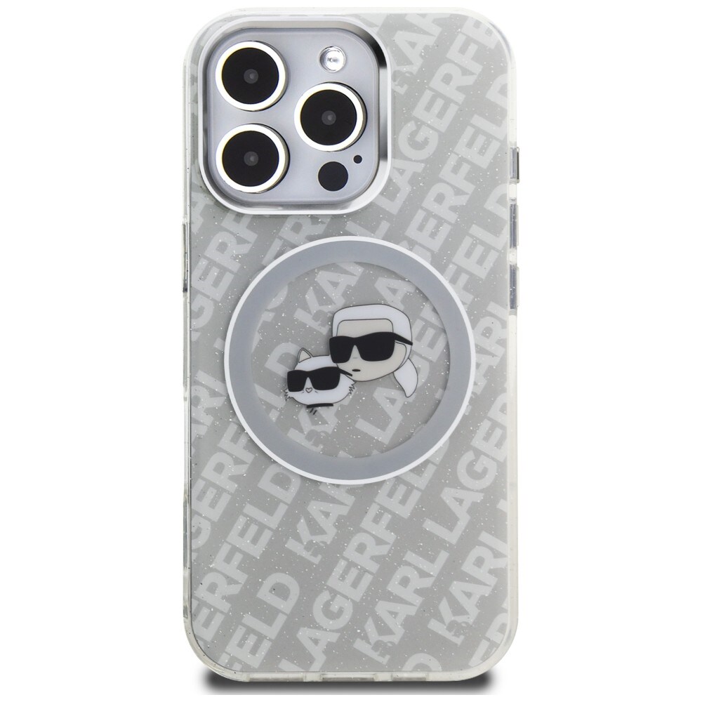 Karl Lagerfeld IML-glitter-etui m. Karl & Choupette-logo og MagSafe til iPhone 16 Pro Max – grå