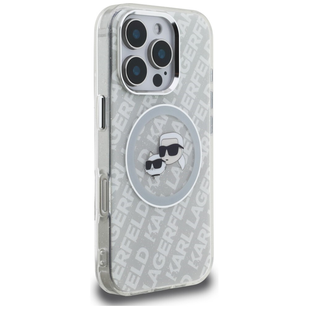 Karl Lagerfeld IML-glitter-etui m. Karl & Choupette-logo og MagSafe til iPhone 16 Pro Max – grå