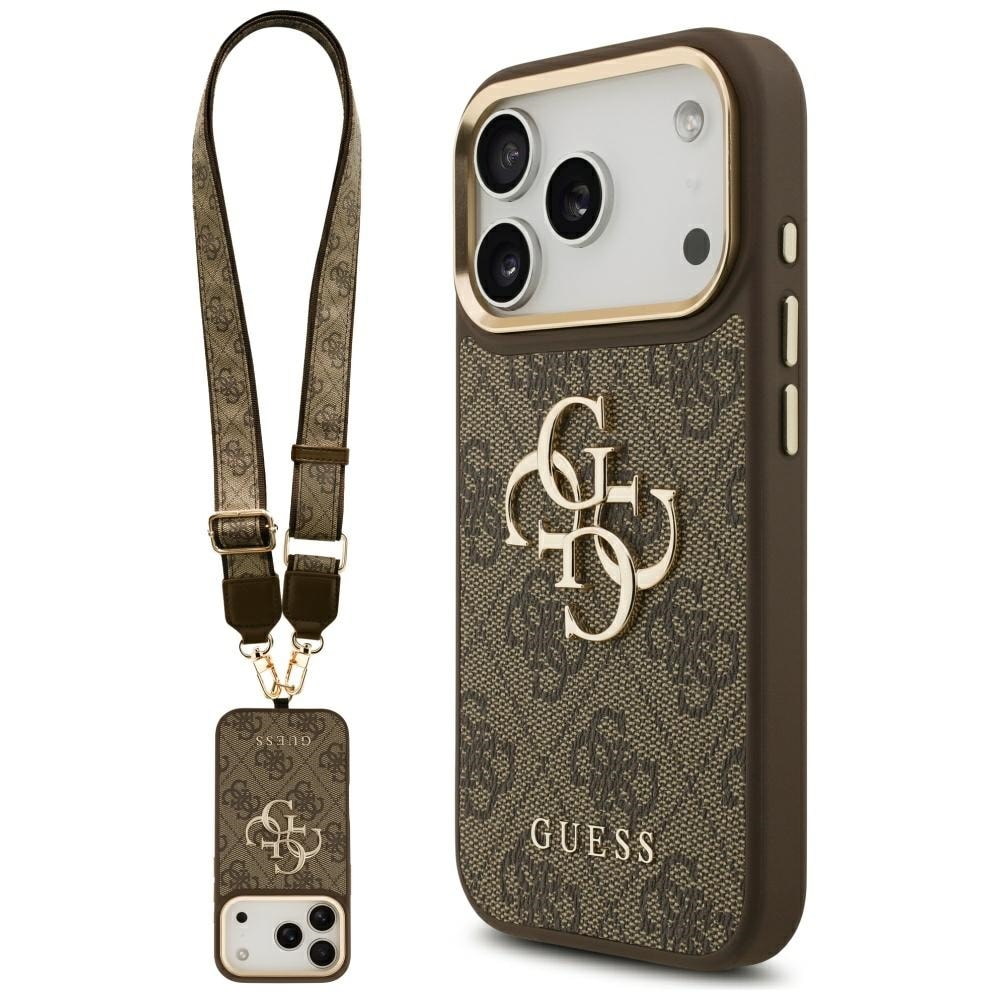 Guess 4G Big 4G Classic Logo, fodral med bred rem och metallknappar för iPhone 17 Pro – Brunt