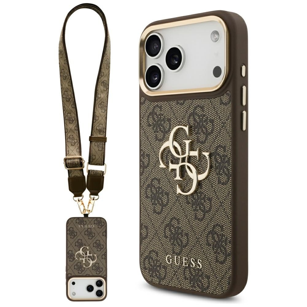 Guess 4G Big 4G Classic-logotyp, stort band, metallknappar, fodral till iPhone 17 Pro Max – brunt