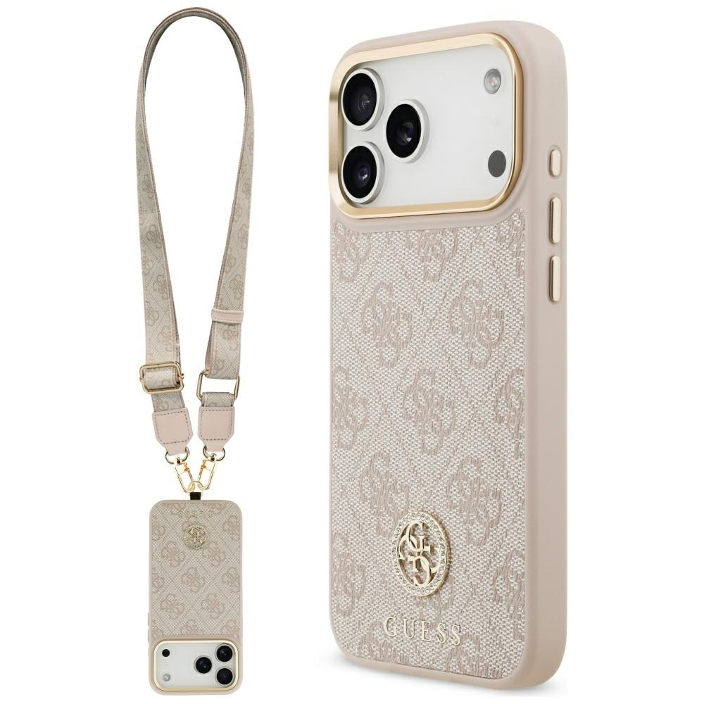 Guess 4G Strass-logotyp & MagSafe-fodral med bred rem & metallknappar för iPhone 17 Pro Max – Rosa