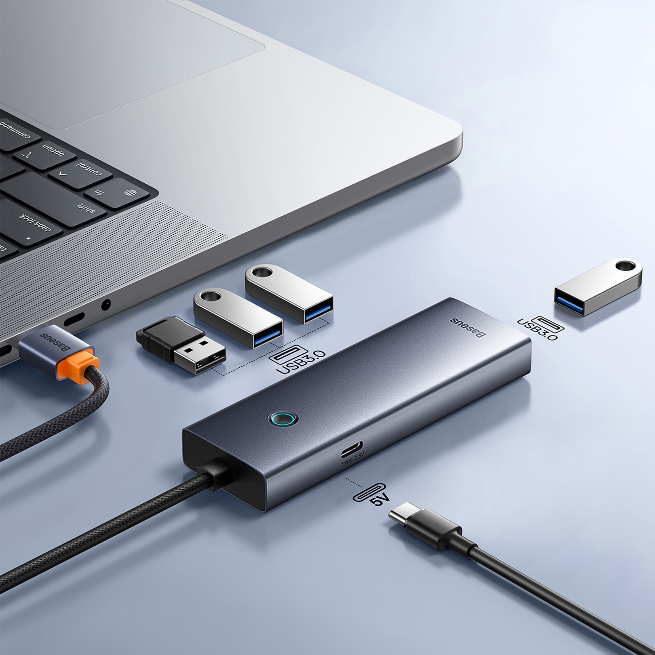 Baseus UltraJoy-serien USB-A-hubb, 4xUSB-A 3.0, 1xUSB-C, 5 V, 50 cm – grå