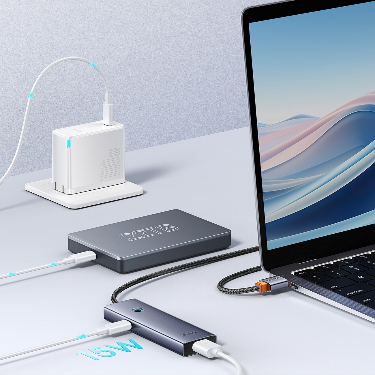 Baseus UltraJoy-serien USB-A-hubb, 4xUSB-A 3.0, 1xUSB-C, 5 V, 50 cm – grå
