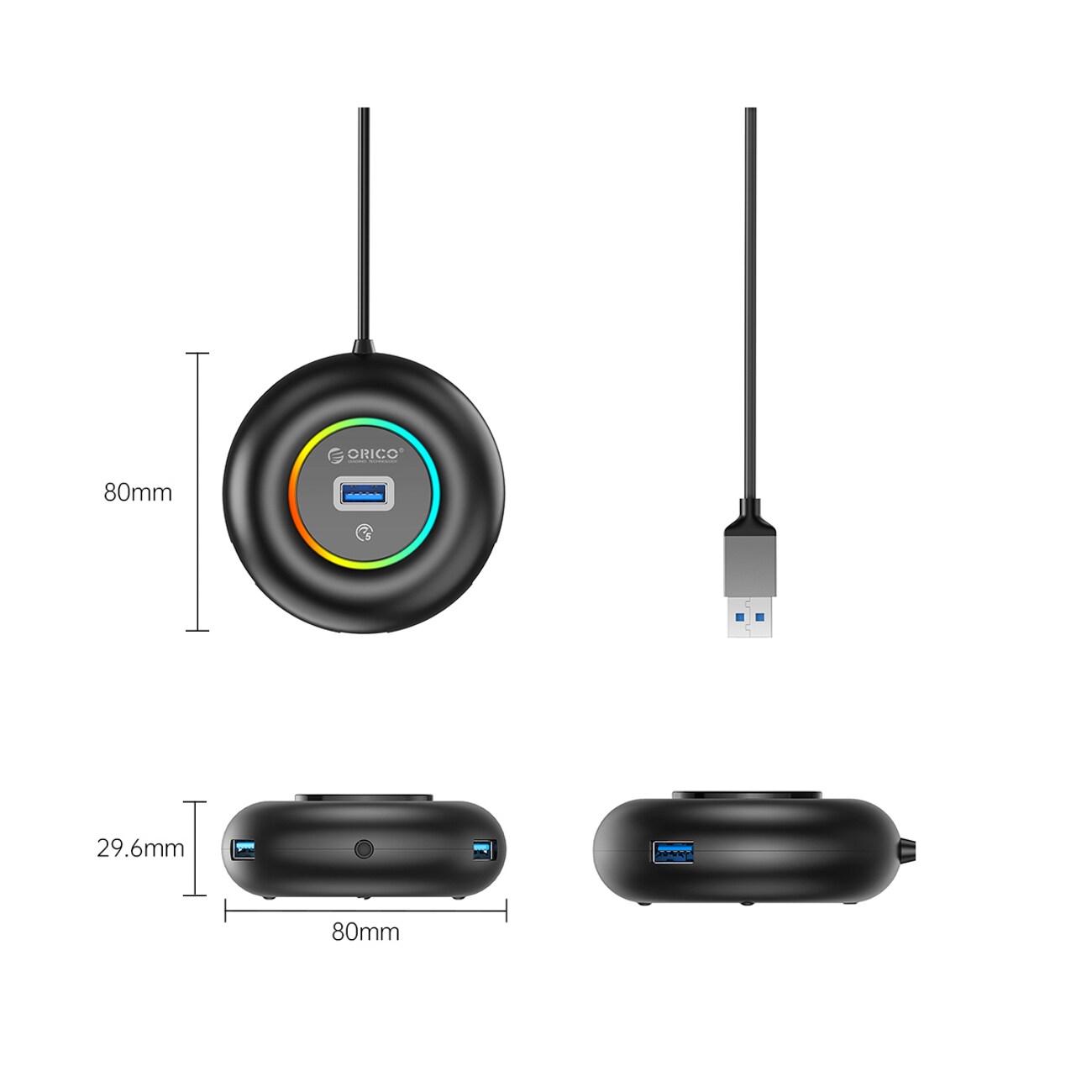 Orico YXR4-U3 RGB USB-hubb med 4 USB-A 3.0-portar och ljud-/mikrofonport, 1,8 m – svart