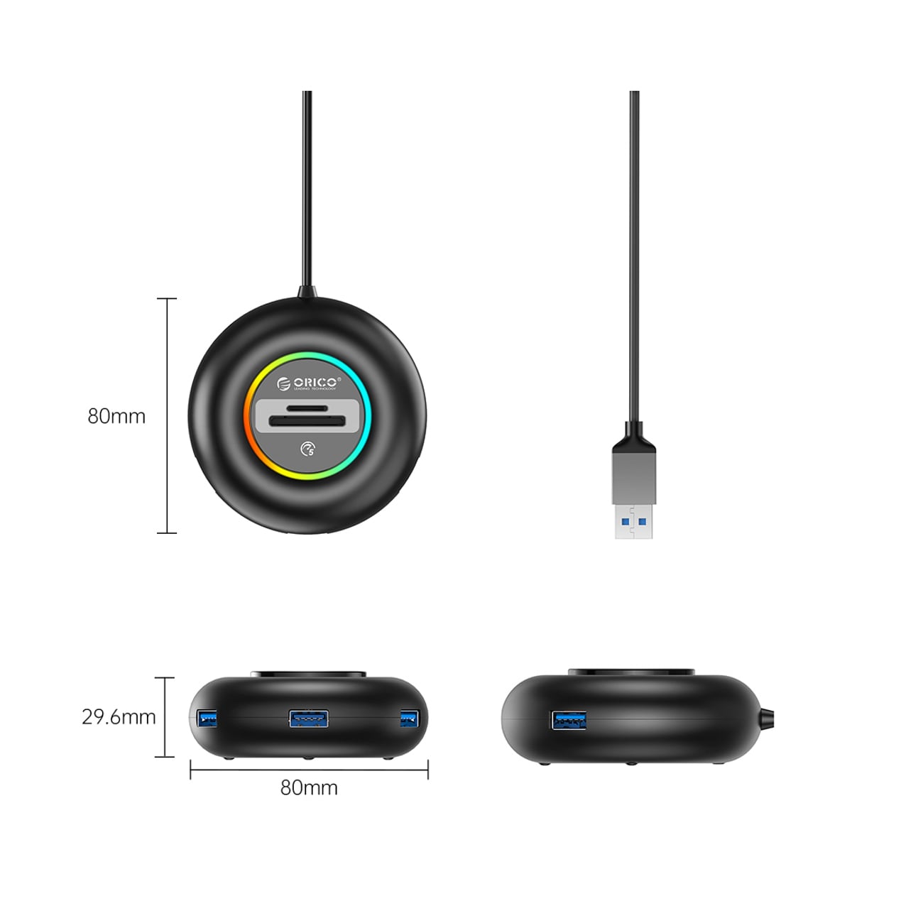 Orico YXR4 RGB USB-hubb med 4 USB-A 3.0-portar och SD- och microSD-kortläsare, 1,8 m – svart