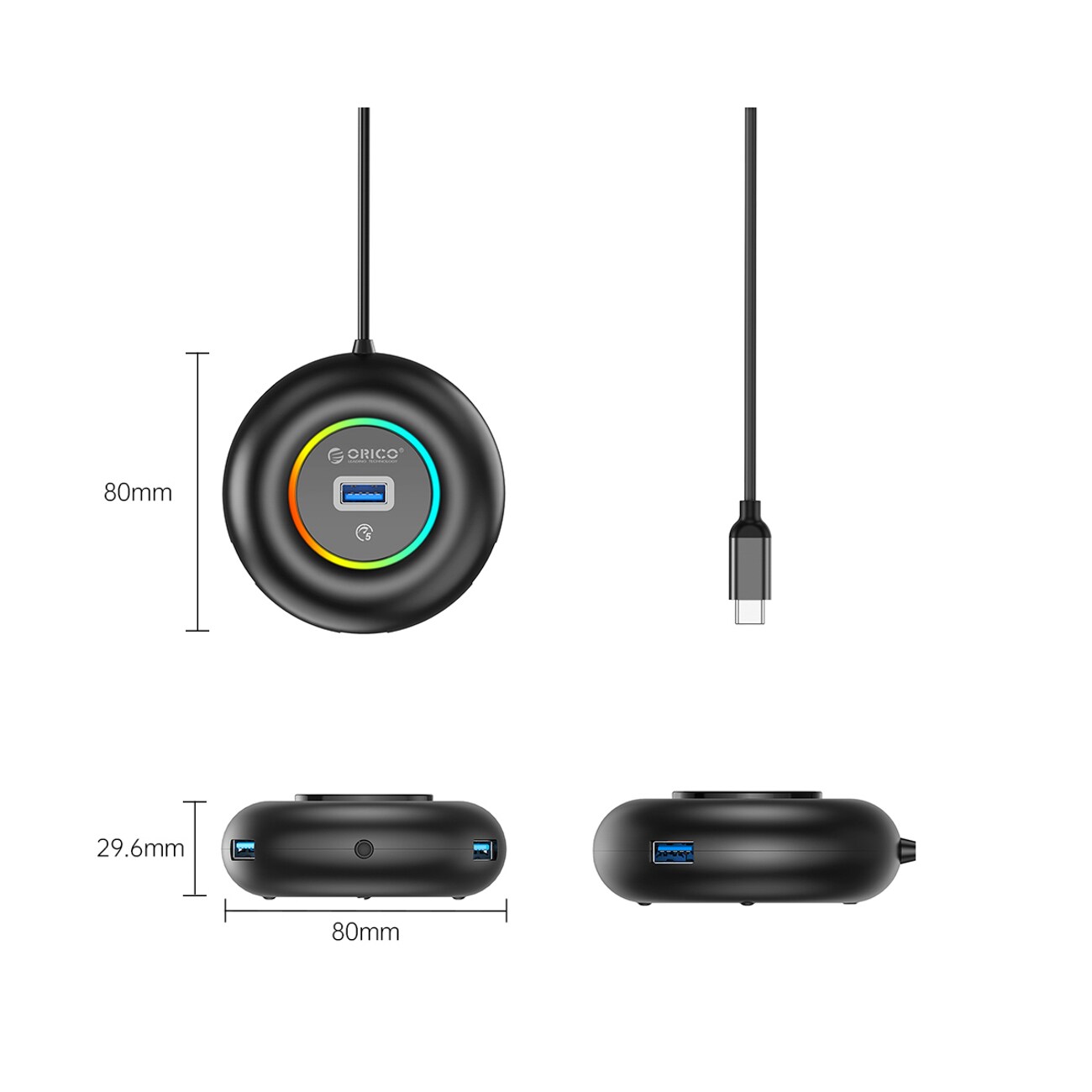 Orico YXR4-C3 RGB USB-hubb med 4 USB-A 3.0-portar och ljud-/mikrofonport, 1,8 m – svart