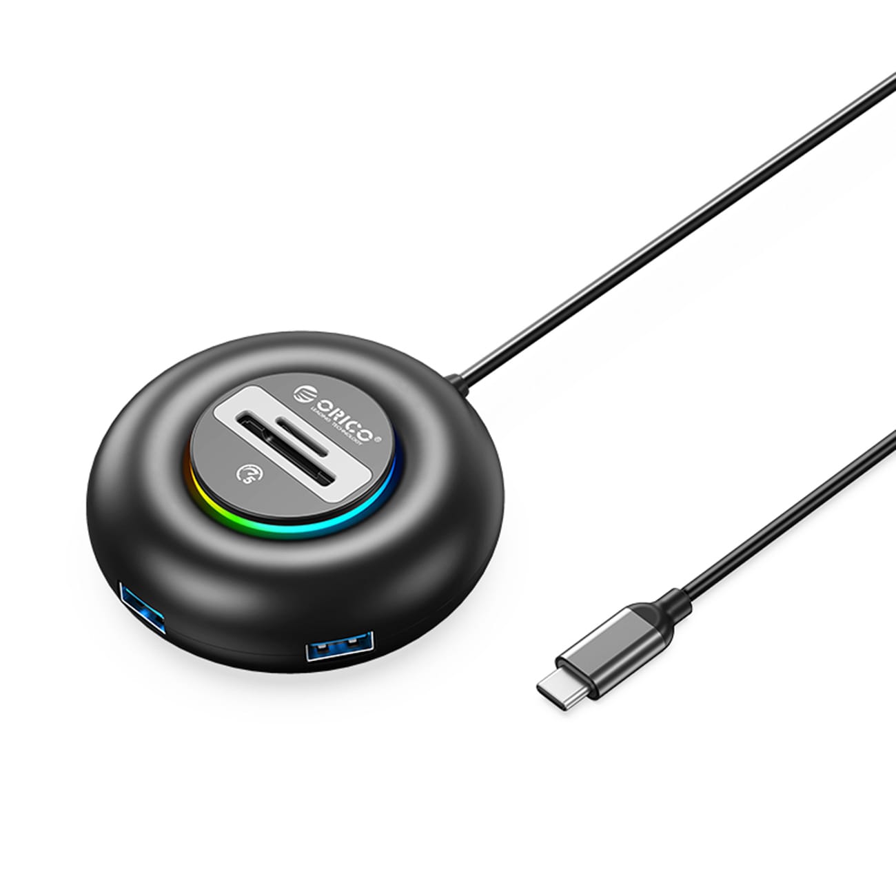 Orico YXR5-C3 RGB USB-hubb med 4 USB-A 3.0-portar och SD- och microSD-kortläsare, 1,8 m – svart