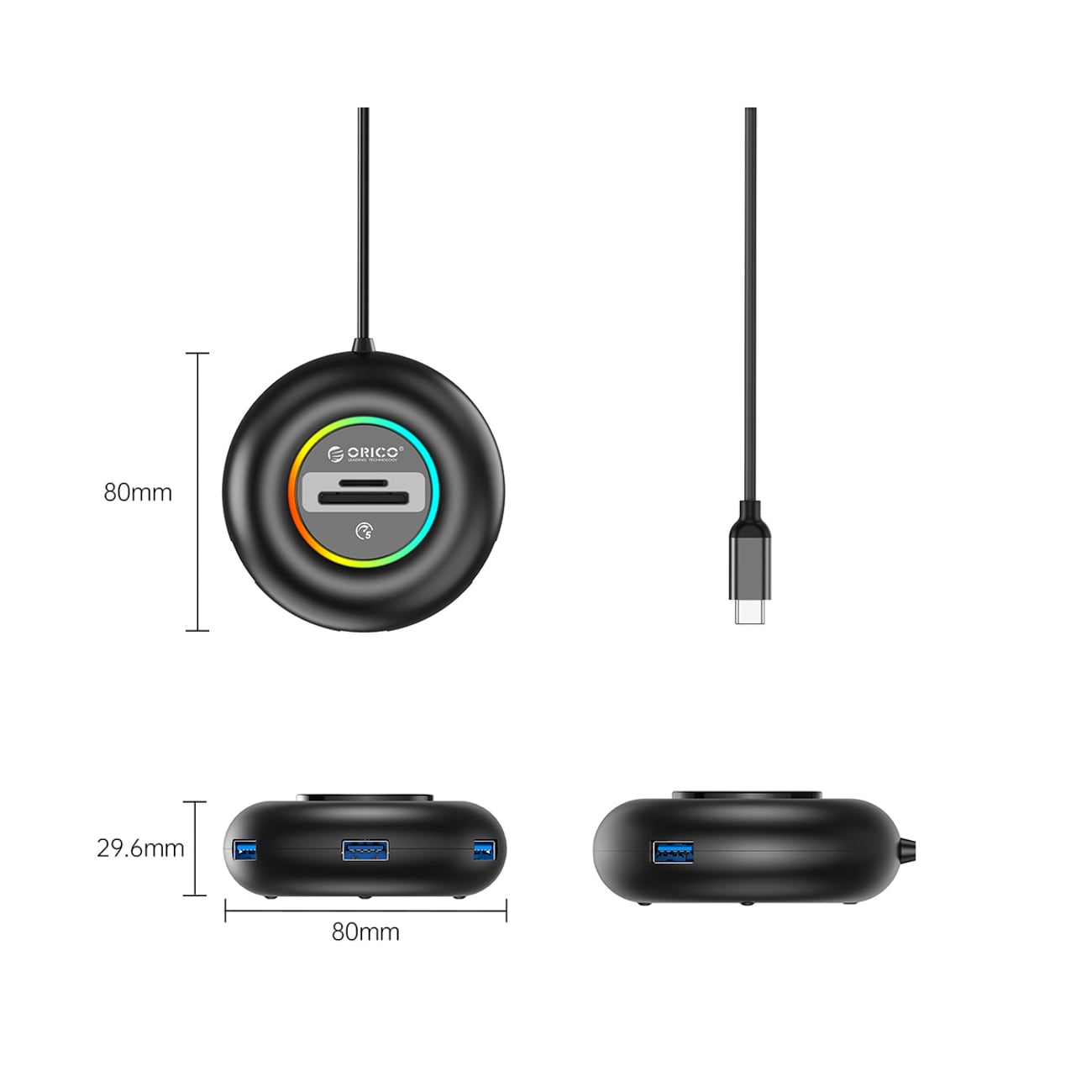 Orico YXR5-C3 RGB USB-hubb med 4 USB-A 3.0-portar och SD- och microSD-kortläsare, 1,8 m – svart